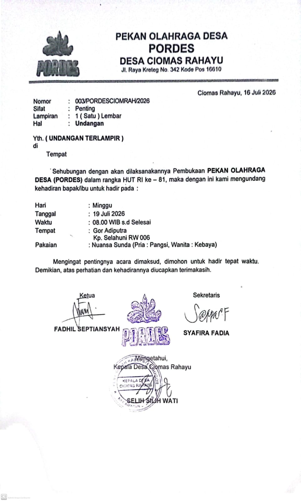 Pembukaan Pekan Olahraga Desa (PORDES) Tahun 2026