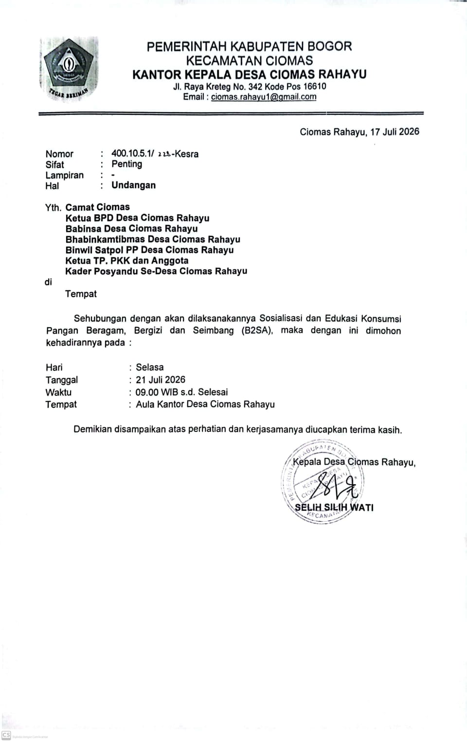 Sosialisasi & Edukasi Konsumsi Pangan Beragam, Bergizi dan Seimbang (B2SA)